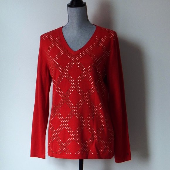 Tommy Hilfiger Golden Studded Knit 100% COTTON V NECK PULLOVER SWEATER - Picture 2 of 6